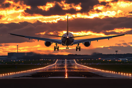A striking image of an airplane approaching for landing at sunset, with dramatic clouds and illuminated runway lights creating a captivating atmosphere.の素材