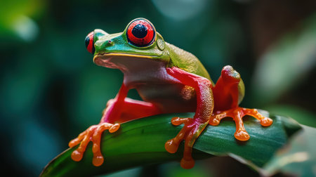A close-up image of a vibrant red-eyed tree frog perched on a green leaf, showcasing its colorful appearance against a lush background in a tropical habitat.の素材