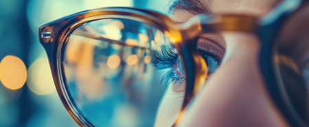 A striking close-up showcasing a womans eye seen through stylish glasses, emphasizing the intricate details of her eyelashes and the vivid reflection in the lens.の素材