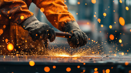 A worker strikes metal with a hammer, creating bright sparks in an industrial workshop. The image captures the intense action and craftsmanship involved in metalworking.の素材