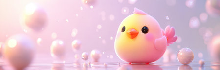 This delightful pink bird character sits amid shimmering bubbles, creating a whimsical and joyful atmosphere, perfect for childrens themes and playful designs.の素材