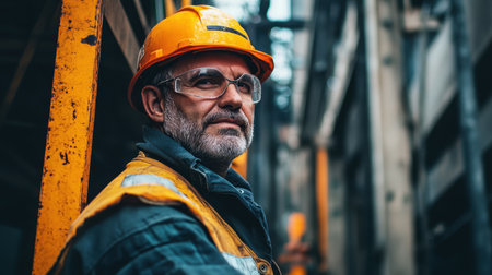 A skilled worker dressed in safety gear gazes thoughtfully at an industrial site, reflecting dedication and professionalism in a challenging environment.の素材