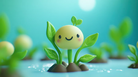 This cheerful cartoon plant character features a smiling face and vibrant green leaves. It embodies joy and growth in a colorful and whimsical garden setting.の素材