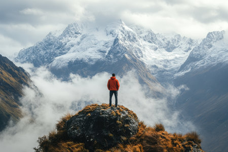 A solitary man stands atop a rocky outcrop, gazing at stunning snow-capped mountains shrouded in mist, embodying adventure and the beauty of nature.の素材