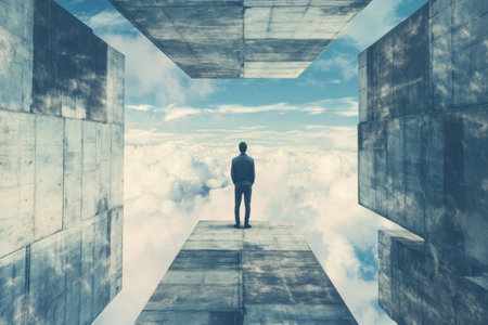 A businessman stands amidst abstract concrete structures, gazing into a dreamy sky filled with clouds. This surreal image evokes contemplation and imagination, highlighting themes of isolation andの素材
