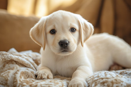A delightful cream-colored Labrador Retriever puppy is resting on a cozy blanket, exuding cuteness and charm. Perfect for pet-themed projects or ads.の素材