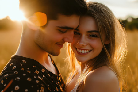 A joyful young couple smiles warmly at each other in a sunlit field, radiating love and happiness during a beautiful sunset. Their connection is palpable.の素材