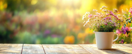 A charming arrangement of vibrant wildflowers in a white cup set on a rustic wooden table. Soft sunlight creates a warm glow, enhancing the natural beauty.の素材