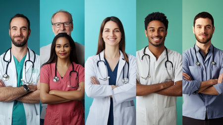 A diverse group of healthcare professionals smiles confidently. They represent a variety of backgrounds and specializations, promoting teamwork and care in medical settings.の素材
