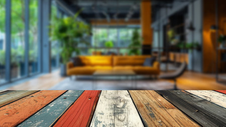 Blurred background of a contemporary office with a wooden table in the foreground, providing a space for office presentations.の素材