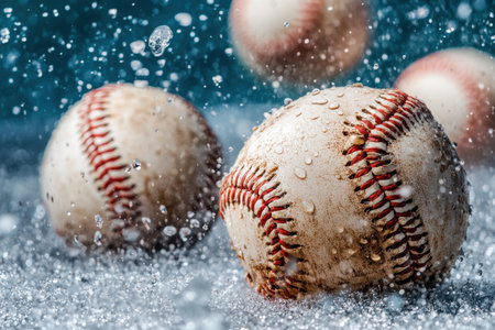 This stunning image captures baseballs in a water splash, showcasing droplets and textures against a vibrant background, perfect for sports themes.の素材