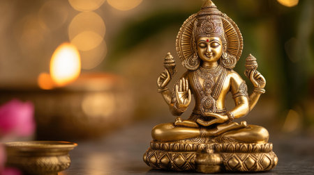A golden statue of a Hindu deity sits gracefully amidst a soft light background, evoking spirituality and serenity, perfect for meditation or religious decor.の素材