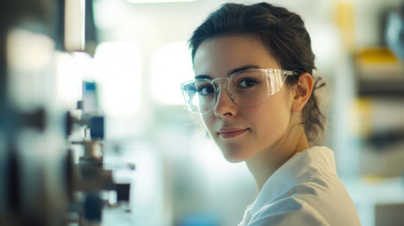 A focused young female scientist wearing safety glasses and a lab coat looks back from a modern laboratory. Her expression reflects curiosity and professionalism, emphasizing the importance ofの素材