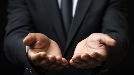 A businessman stands with open hands, conveying support and readiness to assist. The professional attire and neutral background enhance the message of trust and leadership.の素材