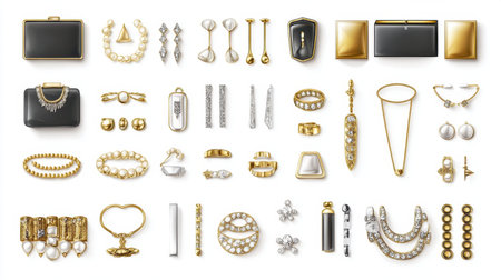 Discover a stunning collection of elegant jewelry pieces arranged in a flat lay. Featuring gold, silver, pearls, and diamonds, this display radiates luxury and style.の素材