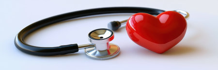 A vibrant red heart symbolizing love and wellness lies next to a shiny stethoscope, representing medical professionals dedication to patient care and health monitoring.の素材
