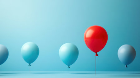 A captivating image featuring a bright red balloon standing out among soft blue balloons against a serene background, perfect for conveying joy and celebration.の素材