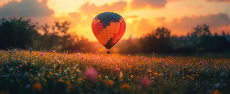 A breathtaking hot air balloon floats above a vibrant flower-filled field at sunset, creating a serene and picturesque landscape in a tranquil setting.の素材