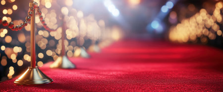A stunning view of a luxurious red carpet flanked by elegant stanchions and twinkling lights, perfect for setting a glamorous ambiance for any event or premiere.の素材