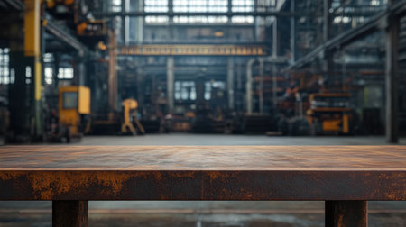A close-up view of a rustic metallic table surface set against an expansive, empty industrial warehouse. The image captures unique textures and an intriguing atmosphere in a factory setting.の素材