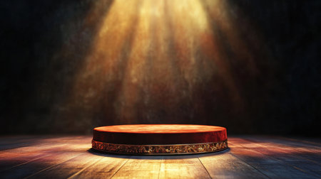 A dramatic circular stage is illuminated by a bright spotlight, showcasing a rich ambiance. The golden trim adds elegance, creating a perfect venue for performances or presentations.の素材