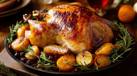 A beautifully roasted turkey, glistening with golden brown skin, surrounded by seasonal fruits. Perfect for festive gatherings and holiday meals, this dish showcases delightful flavors and vibrantの素材