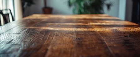 A beautifully crafted rustic wooden table bathed in natural light, showcasing rich textures and warm tones, ideal for creating a cozy indoor atmosphere.の素材