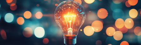A glowing light bulb stands prominently against a colorful, blurred background, representing creativity and innovation in design and technology.の素材