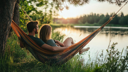 A romantic couple enjoys a sunset while relaxing in a hammock by a serene lake. The lush surroundings and gentle water create a peaceful and intimate atmosphere.の素材