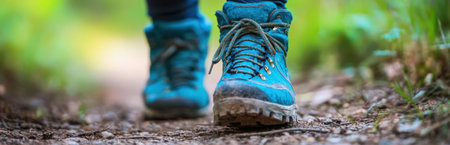 A close-up view of a vibrant hiking boot stepping on a natural trail. The greenery surrounds the path, showcasing a perfect blend of adventure and outdoor exploration.の素材