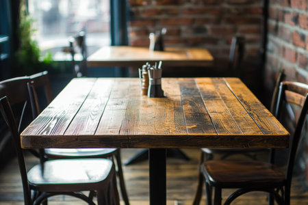 A rustic wooden table with chairs in a cozy cafe setting, featuring warm lighting and exposed brick walls, perfect for dining and socializing.の素材