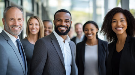 A diverse group of professionals smiles confidently in a modern office setting, showcasing teamwork and collaboration. This image captures positivity and unity in the workplace.の素材