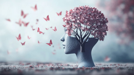 This captivating image features a human head shaped like a tree, adorned with pink flowers and surrounded by fluttering butterflies, symbolizing growth and creativity.の素材