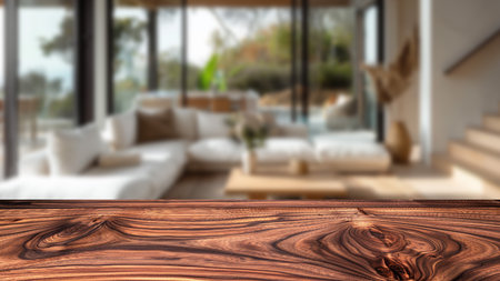 Foreground empty wooden table top with a coastal living room blurred in the background, ideal for product displays and advertising.の素材