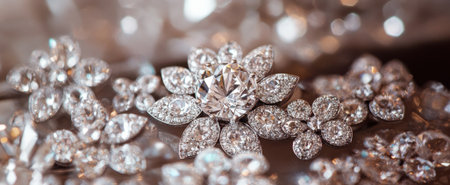 A stunning close-up of elegant diamond jewelry featuring intricate floral designs. The sparkling gems showcase luxury and sophistication, perfect for any occasion.の素材