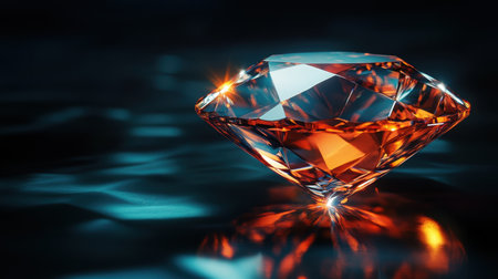 A stunning orange diamond rests on a dark water surface, capturing light and creating a beautiful sparkle. This image showcases luxury and elegance in design.の素材