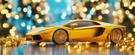 A striking golden sports car model set against a backdrop of shimmering lights, capturing the essence of luxury and elegance during festive celebrations.の素材