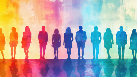 A collection of silhouetted figures stands against a vibrant, colorful background. Each figure represents individuality and diversity in a creative, modern setting.の素材