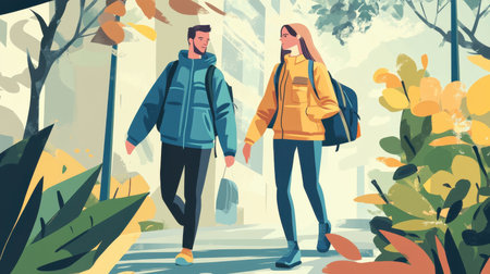 A vibrant illustration of two young people walking in an autumn park. The scene captures the essence of friendship and leisure amidst colorful foliage and sunlight.の素材