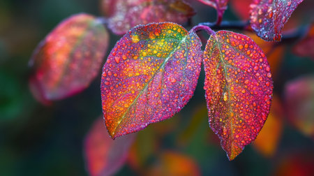 A stunning close-up of colorful autumn leaves adorned with glistening dew drops. This vibrant nature scene captures the beauty and detail of seasonal foliage.の素材