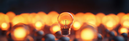 A striking image of a single light bulb glowing warmly, surrounded by a sea of soft yellow lights, symbolizing creativity and innovation in design.の素材