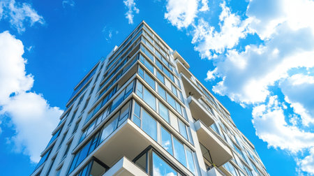 Stunning image of a high-rise building with modern architecture, showcasing large glass panels under a bright blue sky with fluffy white clouds. Perfect for urban and architectural themes.の素材