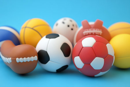 Vibrant collection of various sport balls arranged on a blue background. Perfect for illustrating themes of play, activity, and fitness in promotional materials.の素材