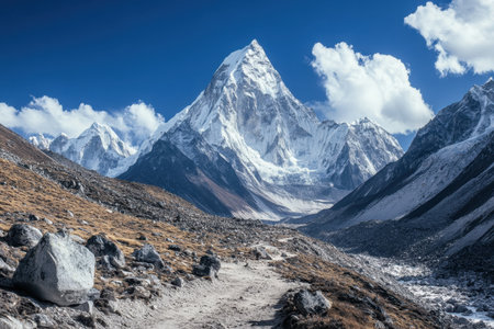 This stunning image showcases a majestic mountain peak covered in snow, surrounded by rugged terrain and a clear blue sky, evoking a sense of adventure and tranquility.の素材