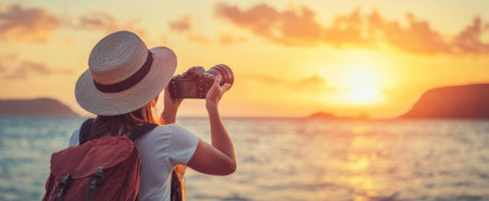 A woman stands on the beach at sunset, capturing a stunning view with her camera. The scene embodies adventure and tranquility amidst natures beauty.の素材