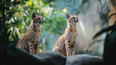 Two servals gracefully pose in a vibrant green habitat, highlighting their distinctive spots and elegant features. This serene wildlife moment captures the essence of their natural beauty.の素材