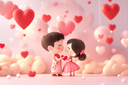 Delightful scene of two children sharing a heart symbol, surrounded by floating hearts on a whimsical background, embodying love and joy. Perfect for ValentineÂs Day themes.の素材