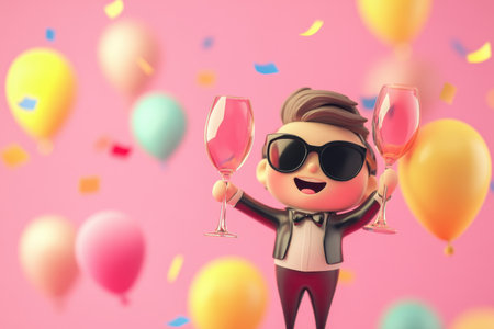 A cheerful cartoon character celebrates with two drinks, surrounded by colorful balloons and confetti. Perfect for depicting joy, parties, and festive occasions.の素材