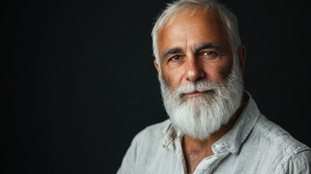 A mature man with a distinguished beard poses thoughtfully against a dark background, exuding confidence and wisdom. His calm expression captures the essence of experience and depth.の素材