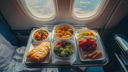 A delectable in-flight meal displayed on a tray, showcasing fresh ingredients and vibrant colors, accompanied by a stunning aerial view from the airplane window.の素材